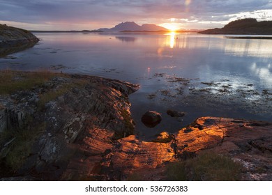 Summer, White Night, Sunrise At Seaside In Helgeland, Norway.