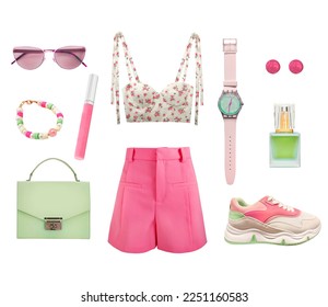 La ropa de las mujeres de verano se aísla. Ropa de primavera femenina, ropa de color rosa verde y accesorios. Colección de ropa de chica. 