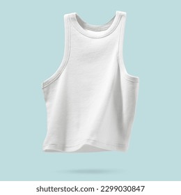 Summer Women's Clothing. Ribbed white tank top flying on light blue background. Female comfortable cotton cloth. Creative template for design Mock up. Copy space. - Powered by Shutterstock