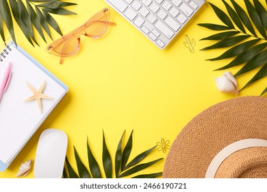 Summer workspace with notebook, hat, and sunglasses on yellow background, ideal for summer planning and creative projects	 - Powered by Shutterstock