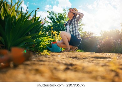 Summer. A Young Caucasian Woman Sits In The Garden, Wiping The Sweat From Her Brow. Gardening Season. Copy Space.