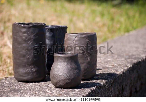 Summertime Closeup Unique Handmade Vases Black Stock Photo Edit