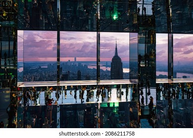 SUMMIT One Vanderbilt, Super Wide View Panorama Interior, Sunrise, View To Downtown Manhattan And Empire State Building, 45 E 42nd St, New York, NY 10017, United States Of America. 9.29.2021