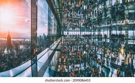 SUMMIT One Vanderbilt, Super Wide View Panorama Interior, Sunrise, View To Downtown Manhattan And Empire State Building, 45 E 42nd St, New York, NY 10017, United States Of America. 9.29.2021