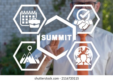 Summit Politics Economics Concept. Political Meeting, Conference, Global Governance Event. High Level Forum For Communication Of Leaders Of Countries.