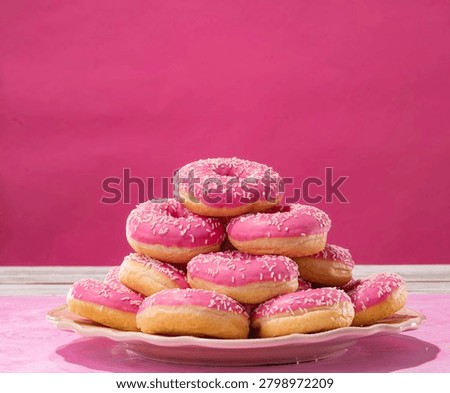 A sumptuous stack of pink frosted donuts shines brightly on a plate, adorned with white sprinkles. The vivid pink backdrop enhances the cheerful scene, inviting all to indulge in sweet pleasure.