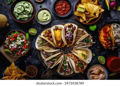 Sumptuous Taco Feast A Detailed and Realistic Culinary Delight on a Dark Brown table - Powered by Shutterstock