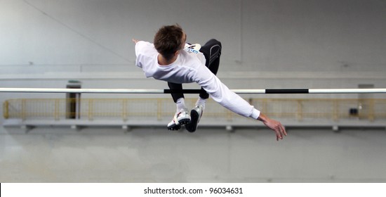 SUMY, UKRAINE - FEB.16: Krymarenko Yuriy, The World Champion In Helsinki 2005, Competes In High Jump During The Ukrainian Track And Field Championships On February 16, 2012 In Sumy, Ukraine.