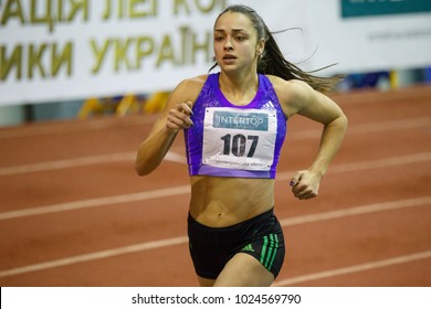 SUMY, UKRAINE - FEBRUARY 9, 2018: Rimma Hordiyenko Running 800m Race In Pentathlon Competition On Ukrainian Indoor Track And Field Championship 2018.