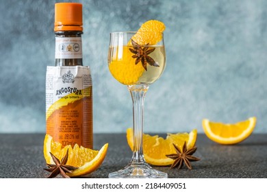 SUMY, UKRAINE - JUL 28, 2022:  Bottle Of Angostura Orange Bitters. Angostura Is A Concentrated Bitters Used For Flavouring Beverages And As A Key Ingredient In Many Cocktails