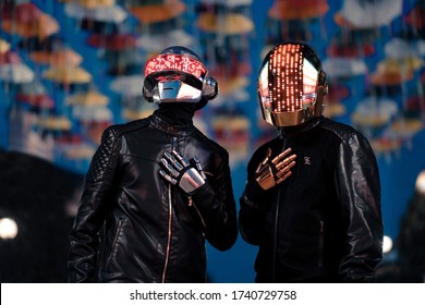 Sumy, Ukraine - September 2019: guys tribute to Daft Punk - free fun for citizens and tribute to favorite band. 