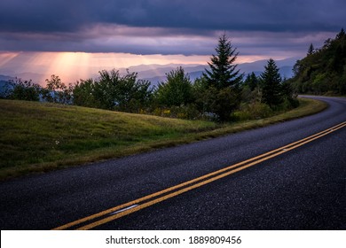 Sun Beams And Blue Ridge Parkway At Sunset