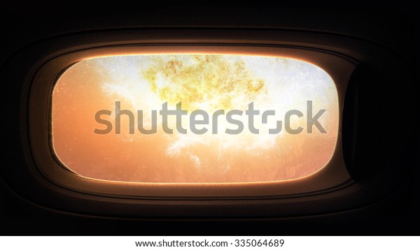 Sun - Beauty of solar system\
in spaceship window porthole. Elements of this image furnished by\
NASA