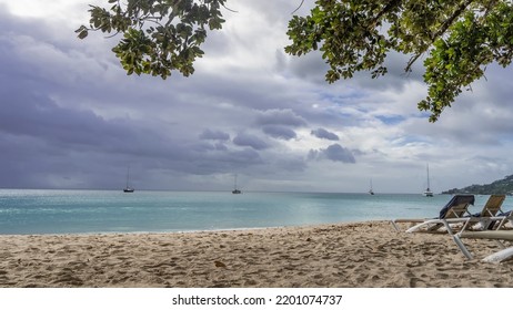 The sun beds are on the sandy beach. The turquoise ocean is calm. Yachts in the distance. Clouds in the blue sky. In the foreground are green tree branches. Seychelles. Mahe. Beau Vallon - Shutterstock ID 2201074737