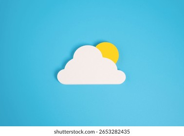 Sun behind the cloud, minimalistic concept. Weather, partly cloudy. Changing weather, partly sunny forecasts, or metaphorical uncertainty. Mood swings, unpredictable outcomes