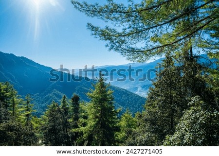 Sun brighly shinig on misty green covered  mountain rannge in Bhutan