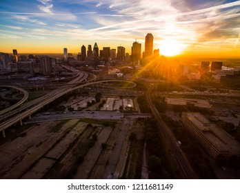 Sun Burst Sun Rays Across Dallas , Texas - Sunset Sunrise Aerial Drone View In The North Texas City Skyline Cityscape Golden Hour