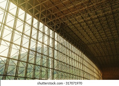 Sun Ceiling and Large window inside Big industrial Building. Abstract Construction