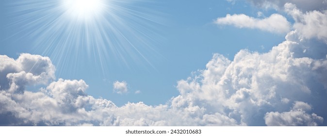 Sun, cloud and blue sky with light for heaven, hope or faith of natural scenery in nature. Sunny day, cloudy fog and sphere of outdoor sunshine, celestial ball or bright orb in the air on banner