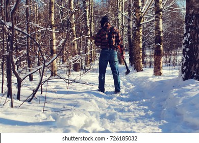 Sun Day Man With Axe In The Forest