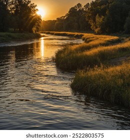 The sun dips below the horizon, casting golden hues across a winding river. Silhouettes of trees line the banks, their reflections shimmering in the tranquil waters, creating a peaceful, serene atmosp - Powered by Shutterstock