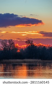 The sun disappears behind trees with branches without leaves. Sunset over a river or lake. Clouds of different colors in the sky above the forest
