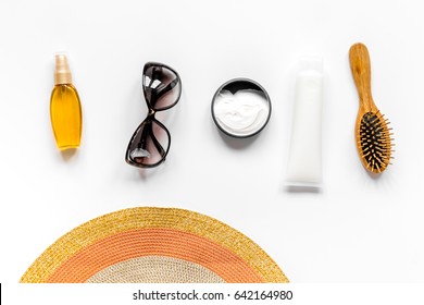 Sun Glasses, Protiction Cream, Hat, Comb For Beach Rest White Background Top View