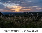 sun is going down behind the mountain in plateau of Kumamoto prefecture, JAPAN.