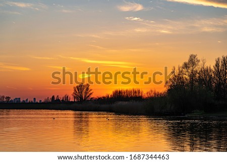 The sun has just gone down behind the trees along the lake Zoetermeerse Plas, Zoetermeer, Netherlands.