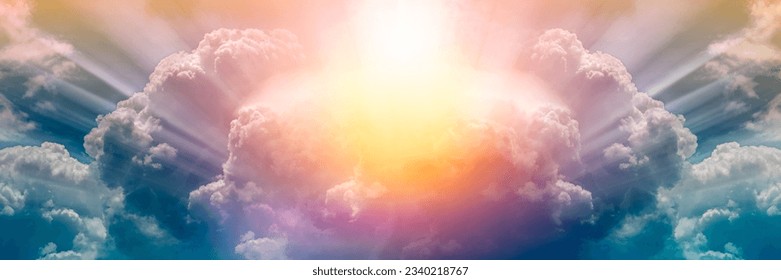 Sun heaven God yellow amazing beautiful shining with sunrise behind super nova light awesome clouds on warm bright day nature  purple violet sunray sunbeam full color. - Shutterstock ID 2340218767