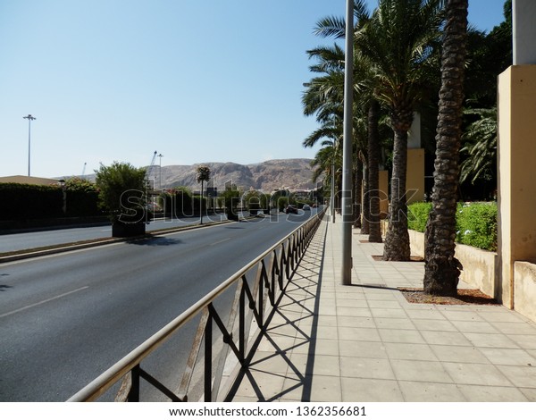 The sun illuminates the main street lined with palm\
trees and the fence separating the road from the pavement, against\
the backdrop of the mountains on the shores of the Mediterranean\
Sea. Scenic view