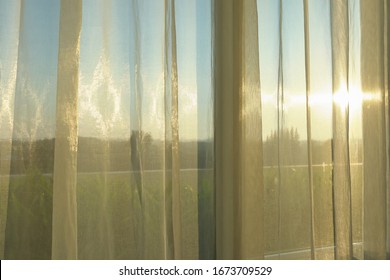 Sun Light Morning Through White Curtain On Window