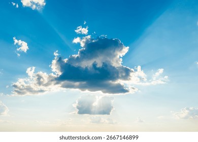 Sun light through cloud on blue sky. Blue sky, clouds and sun light