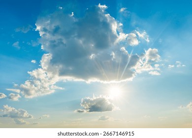 Sun light through cloud on blue sky. Blue sky, clouds and sun light