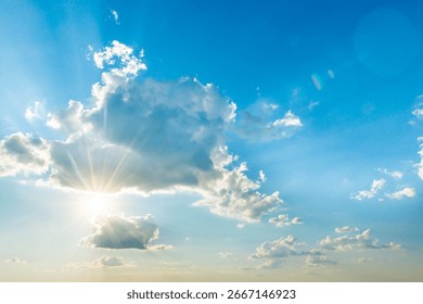 Sun light through cloud on blue sky. Blue sky, clouds and sun light