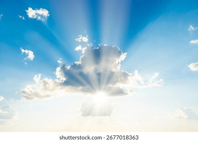 Sun light through cloud on blue sky. Blue sky, clouds and sun light