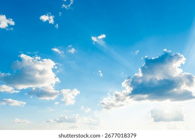 Sun light through cloud on blue sky. Blue sky, clouds and sun light
