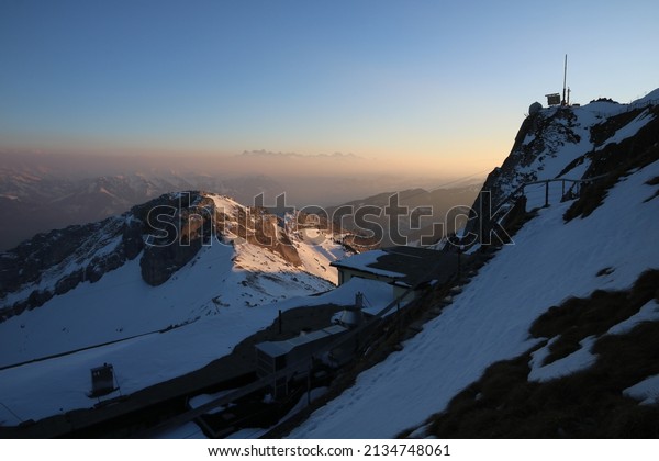 Sun lit Peak of
Mount Matthorn in winter.
