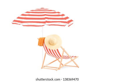 Sun Lounger With Stripes And Umbrella, Isolated On White Background