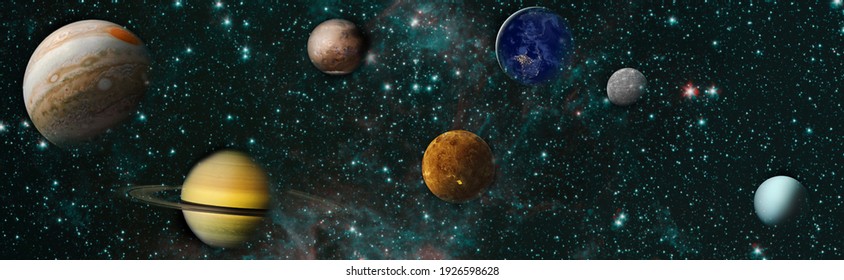 Sun, Mercury, Venus, Planet Earth, Mars, Jupiter, Saturn, Uranus, Neptune. Solar System Planet, Comet, Sun And Star. Elements Of This Image Furnished By NASA.