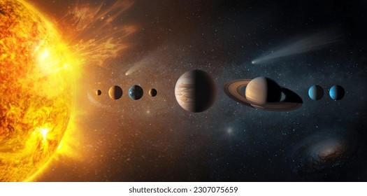 Sun, Mercury, Venus, planet Earth, Mars, Jupiter, Saturn, Uranus, Neptune, stars, comet, asteroid, meteorite, nebula. Space panorama of the universe. Elements of this image furnished by NASA. - Powered by Shutterstock