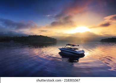 Sun and mist on a Summer , boat dock at sunrise