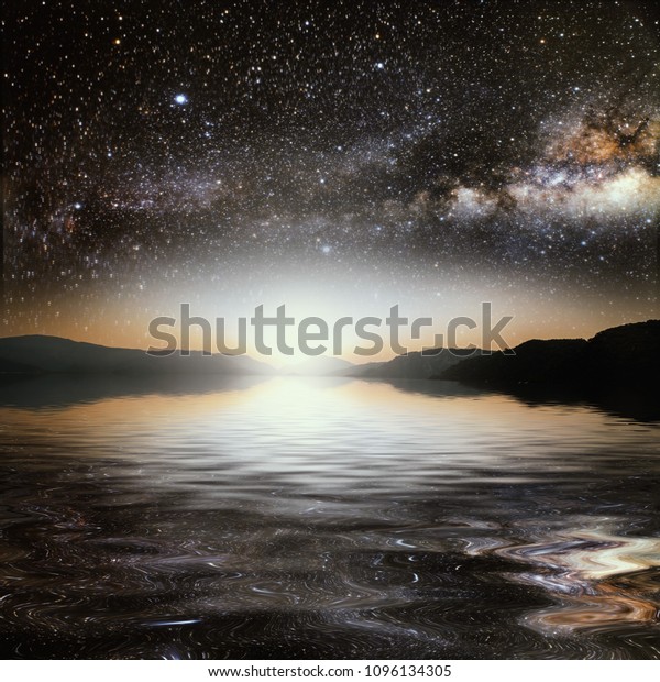 sun on a background star sky\
reflected in the sea. Elements of this image furnished by\
NASA