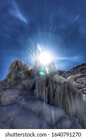 Sun Is On The Top Of The Ice Stupa. 