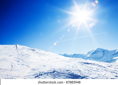 Sun Over Winter Mountains, Covered With Snow