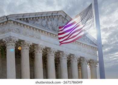 The sun peaks through clouds to stream through American Flag outside of the United States Supreme Court