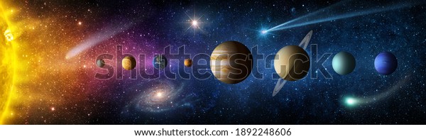 Sun, planets of\
the solar system and planet Earth, galaxies, stars, comet,\
asteroid, meteorite, nebula. Space panorama of the universe.\
Elements of this image furnished by\
NASA