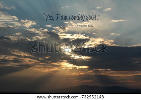 Sun rays beaming through clouds with a bible verse from the book of Revelation
