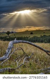 Sun Rays Breaking Through Clouds Over Hunter Valley Hills, Australia