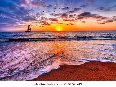 Sun Rays Are Bursting On The Ocean Horizon Sunrise With A Sailboat Sailing And Birds Flying Overhead